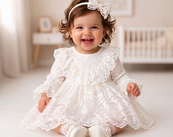 Newborn Baby Girl Lace Dress, Ivory Baptism Dress, Christening Outfit, Baby Shower Gift, Elegant Tulle Dress