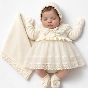 ivory newborn dress Ivory Wedding Baby Dress: Lace Baptism Dress, Headband & Blanket, Christening Gown