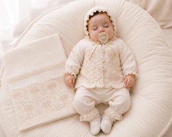 Taufkleid für Mädchen, Set für die Heimkehr nach der Geburt, bestickte Musselin-Babykleidung, Krankenhaus-Outfit, 0-3 Monate