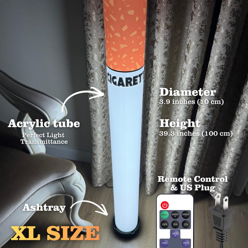 May include: A novelty floor lamp shaped like a cigarette, featuring an acrylic tube with perfect light transmittance. The lamp has a diameter of 3.9 inches and a height of 39.3 inches. Includes a remote control and US plug. The text "CIGARET" is visible.