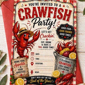 May include: A red and white invitation for a crawfish party. The invitation features a cartoon crawfish wearing a hat, a bucket of crawfish, and text that reads "You're Invited to a Crawfish Party!" and "Boil of the Year!"