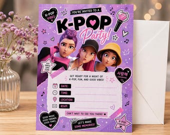 May include: A K-Pop party invitation with a purple background and cartoon illustrations. The invitation includes text such as "K-Pop Party!" and "Get ready for a night of K-Pop, fun, and good vibes!" with space for date, time, location, and RSVP.