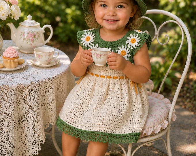 Crochet Toddler Dress and Hat Set, Daisy Flower Baby Girl Outfit