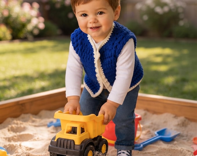 Hand-Crochet Toddler Vest | Blue & Cream | Machine Washable
