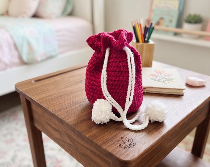 Handcrafted Crochet Drawstring Purse with Pom Poms