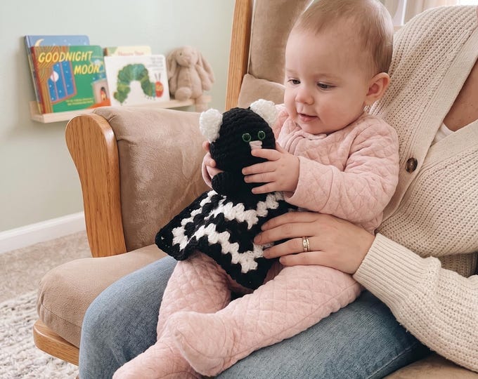 Crocheted Kitty Cat Lovey Blanket – Black White Snuggle Toy for Babies, Soft Security Buddy