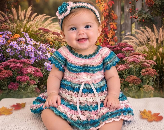 Handcrafted Crochet Baby Dress | 6 Month Girl Outfit | Pastel Pink, Blue & Teal