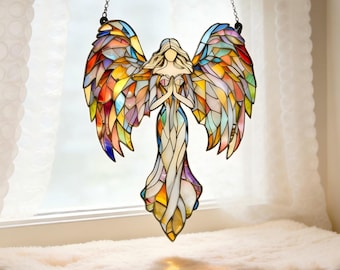 Handmade Rainbow Angel Stained Glass Suncatcher,Multicolor Winged Window Hanging, Prism Light Catcher, Spiritual Wall Decor,Boho Home Accent
