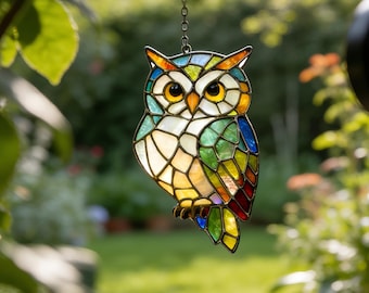 Birthday Gift, Handmade Owl Stained Glass Suncatcher, Bird Window Hanging, Prism Light Catcher, Boho Accent, Wall Ornament,  Gift For Her