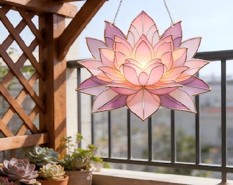Handmade Lotus Stained Glass Suncatcher, Boho Window Hanging, Light Catcher, Prism Accent, Wall Ornament, Birthday Gift, Anniversary Gift