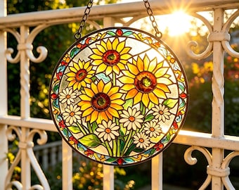 Circular Sunflower Daisy Stained Glass Suncatcher, Ornate Floral Window Decor, Rustic Farmhouse Style, Vibrant Nature Wall Art