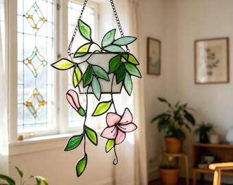 Handmade Floral Plant Tiffany Glass,Birthday Gift for Nature Lovers, Warm Prism Light Art, Kitchen & Dining Room Decor,Office or Study Decor