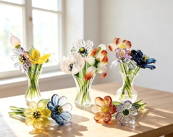 Handmade Glass Flower Bouquet, Sentimental Birthday Gift for Best Friend Mom Sister, Aesthetic Decor for Desk Bedroom Living Room