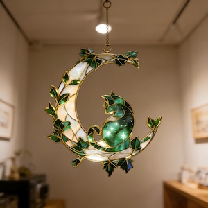 Geburtstagsgeschenk, Mond Katze Buntglas Suncatcher, Efeu Fensterschmuck, Himmlischer Prisma Lichtfänger, Katzenliebhaber Wanddekoration