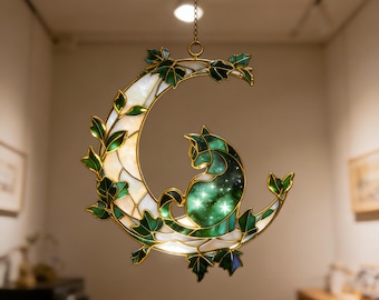 Geburtstagsgeschenk, Mond Katze Buntglas Suncatcher, Efeu Fensterschmuck, Himmlischer Prisma Lichtfänger, Katzenliebhaber Wanddekoration