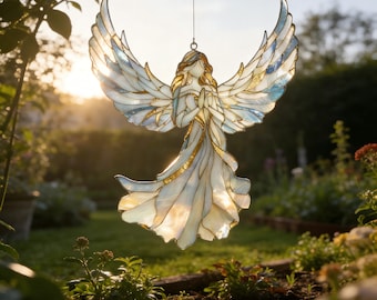 Birthday Present, Handcrafted Praying Angel Suncatcher, Stained Glass Mosaic, Winged Window Hanging, Prism Accent, Boho Ornament