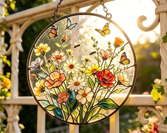 Round Garden Butterfly Bee Stained Glass Suncatcher, Bright Mixed Wildflower Window Hanging, Casual Country Home Wall Art Decor