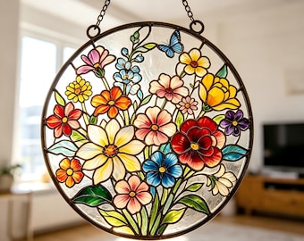 Round Blue Butterfly Meadow Floral Suncatcher, Mixed Wildflower Stained Glass Hanging, Soft Earthy Cottage Window Art