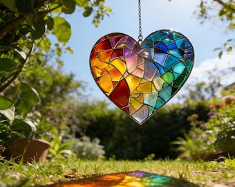 Birthday Gift, Rainbow Heart Stained Glass Suncatcher, Mosaic Window Hanging, Prism Light Catcher, Love Themed Wall Decor, Gift For Her