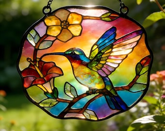 Birthday Gift, Hummingbird Stained Glass Suncatcher, Floral Window Hanging, Prism Light Catcher, Nature Inspired Wall Decor, Home Decor