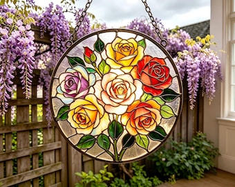 Round Multicolor Rose Stained Glass Suncatcher,Vibrant Rainbow Floral Bouquet Window Hanging, Romantic Vintage Cottage Garden Wall Art Decor