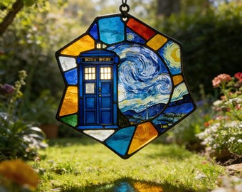 Regalo di compleanno, acchiappasole artigianale a tema Notte stellata di Doctor Who, mosaico in vetro colorato, decorazione per finestra da giardino, acchiappaarcobaleno, regalo per la sorella