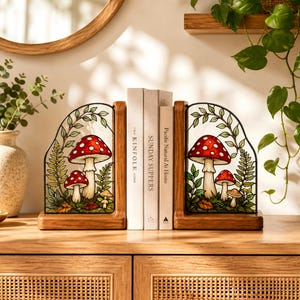 Birthday Gift Forest Mushroom Bookend Two Wood Base Options Desk Decor Handmade For Cottagecore Fans