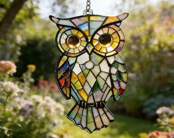 Birthday Present, Handcrafted Owl Suncatcher, Stained Glass Mosaic, Garden Window Accent, Rainbow Light Catcher, Gift For Sister