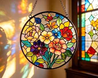 Round Floral Stained Glass Suncatcher, Mixed Flower Window Hanging, Boho Cottagecore Decor, Housewarming Gift for Women & Mom