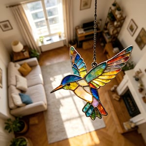 Puede incluir: Un adorno de colibrí de vidriera, suspendido por una cadena. El pájaro presenta una vibrante gama de colores, incluyendo azul, amarillo, verde y rojo. Las alas están extendidas en pleno vuelo, frente a un salón.