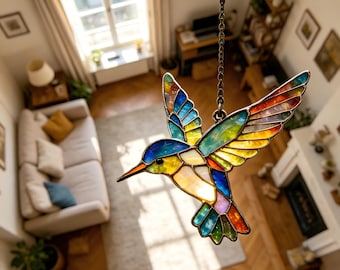 Handcrafted Multicolor Hummingbird Stained Glass, Sweet Gift Partner, Warm Prism Light Art, Vintage Nature Decor, Rustic Home Office Zones