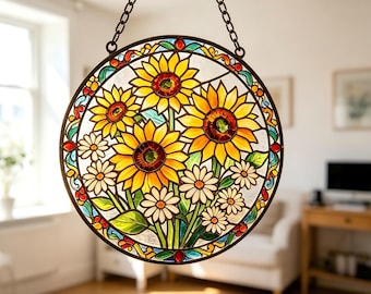 Vibrant Sunflower Circular Suncatcher, Stained Glass Floral Wall Hanging, Cottagecore Decor, Colorful Botanical Window Decor