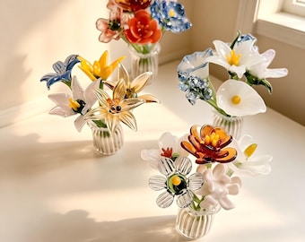 Handmade Glass Flower Bouquet, Personalized Birthday Gift for Women Mom Best Friend, Mini Vase Floral Decor for Desk Bedroom Home Table