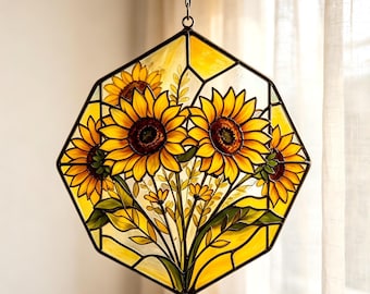 Handcrafted Sunflower Stained Glass, Sweet Gift for Partner, Warm Prism Light Art, Rustic Home Decor, Birthday Gift for Momr,Nursery Hanging
