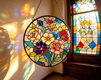 Circular Mixed Blooms Stained Glass Suncatcher, Colorful Floral Window Ornament, Rustic Cottage Home Decor, Gift for Her & Housewarming