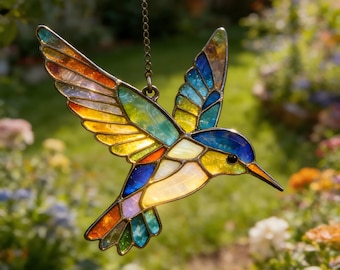 Handcrafted Multicolor Hummingbird Stained Glass, Sweet Gift for Partner, Warm Prism Light Art, Vintage Nature Decor, Birthday Gift for Mom