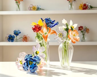 Handmade Everlasting Glass Flower Bouquet, Twin Birth Blooms Birthday Gift for Mom Best Friend, Sun Catcher Desk Decor with Mini Glass Vase