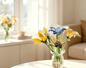 Luxury Handmade Glass Flower Bouquet, Elegant Birthday Gift for Women Bridesmaid Wife, Mini Vase Decor for Bedroom Vanity