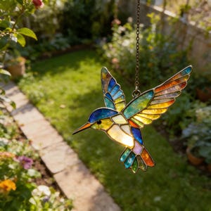 Puede incluir: Un atrapasoles de colibrí de vidrieras con un diseño colorido. El pájaro presenta tonos azules, amarillos, verdes y naranjas. Cuelga de una cadena, perfecto para la decoración de un jardín o ventana.