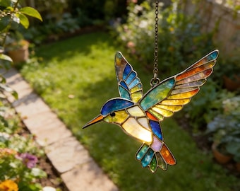 Vitral multicolor de colibrí hecho a mano, un dulce compañero de regalo, arte con luz prismática cálida, decoración vintage inspirada en la naturaleza, ideal para espacios rústicos en el hogar o la oficina.