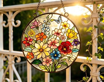 Round Wildflower Butterfly Stained Glass Suncatcher, Colorful Mixed Floral Window Hanging, Whimsical Boho Cottagecore Wall Art