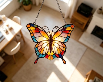Handmade Colorful Butterfly Stained Glass,Birthday Memento for Craft Admirers,Gentle Prism Light Art, Whimsical Home Charm,Hanging Statement