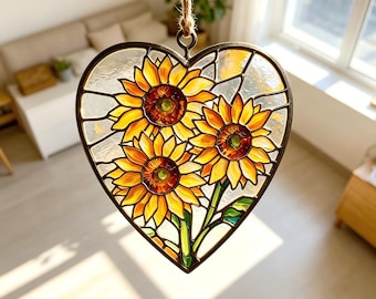 Handmade Sunflower Heart Stained Glass Suncatcher, Mother's Day Gift for Mom, Vibrant Floral Home Accent, Cottagecore Bedroom Window Accent