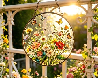 Round Wildflower Butterfly Bee Stained Glass Suncatcher, Bright Mixed Meadow Floral Window Hanging, Classic Cottage Garden Wall Art Decor
