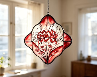 Handmade Red Spider Lily Stained Glass Suncatcher, Gothic Floral Window Accent, Unique Gift for Flower Lover, Boho Witchy Home Decor