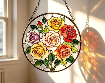 Round Jewel‑Tone Full Bloom Rose Stained Glass Suncatcher, Vibrant Multicolored Floral Window Hanging, Classic Cottage Garden Wall Art Decor