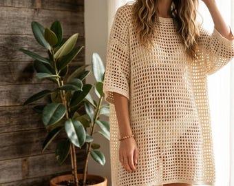 Patrón de pareo de playa a crochet, vestido de malla extragrande en PDF, top de crochet para principiantes sin forma, pareo de verano para traje de baño, túnica bohemia para festivales.