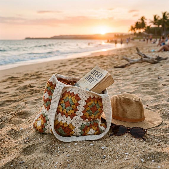 Granny Square Beach Bag Crochet Pattern, Boho Patchwork Tote PDF, Easy Crochet Market Bag, Beginner Summer Bag, Festival Tote