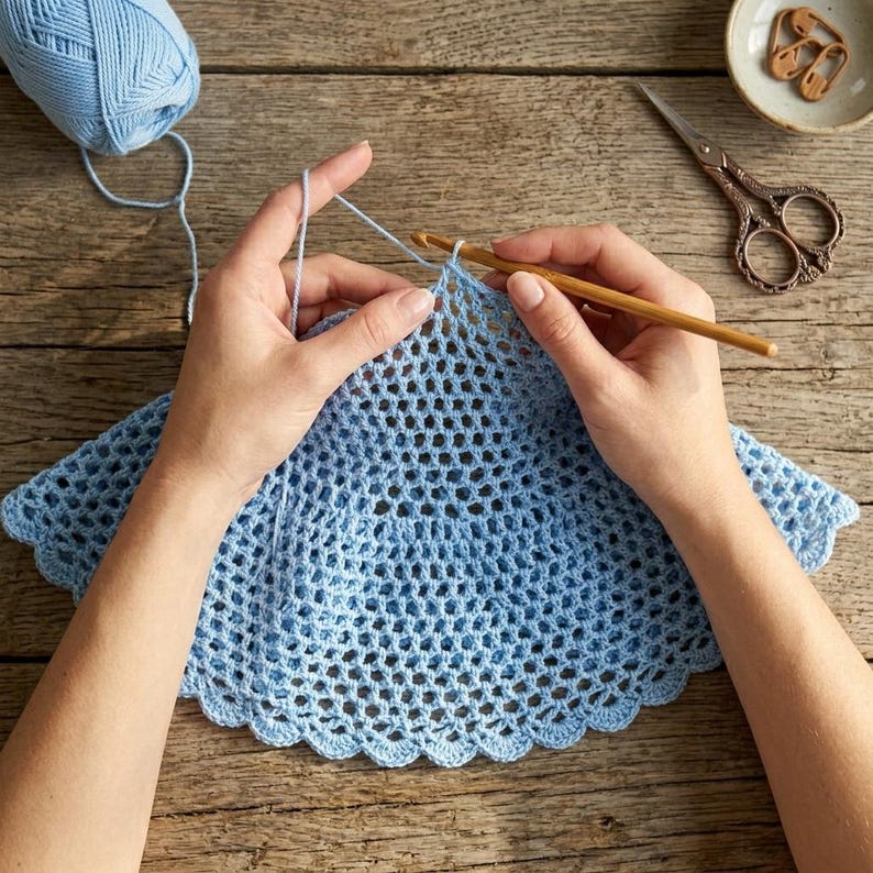 May include: A person's hands crocheting a light blue garment with a wooden crochet hook. A ball of light blue yarn sits nearby. The crocheted piece has a scalloped edge. Scissors and small bowl with stitch markers are also visible.