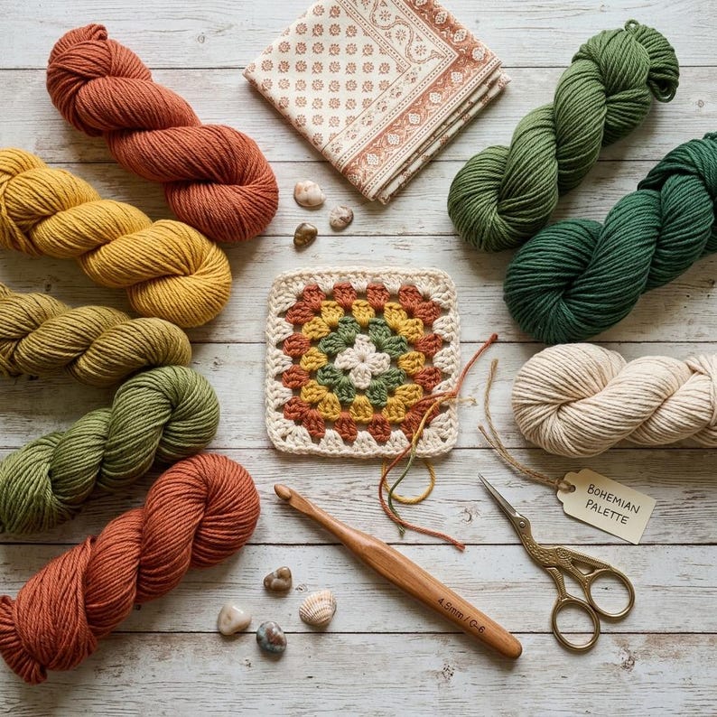 Puede incluir: Una colecci&oacute;n de materiales de artesan&iacute;a dispuestos sobre una superficie de madera. La imagen presenta madejas de hilo de varios colores, un cuadrado de ganchillo, un ganchillo, tijeras y una etiqueta que dice "Bohemian Palette".